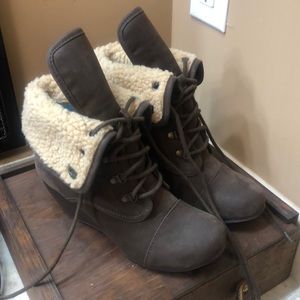 Blowfish brown fur trimmed wedge booties